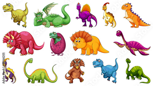 Set of different dinosaur cartoon character isolated on white background