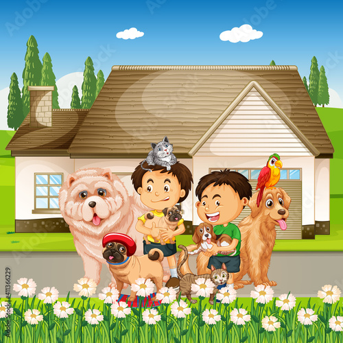 Outdoor scene with group of pet and children