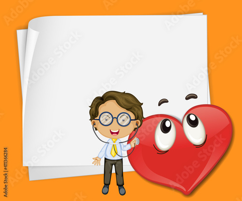 Blank paper banner with happy heart emoticon and doctor cartoon character
