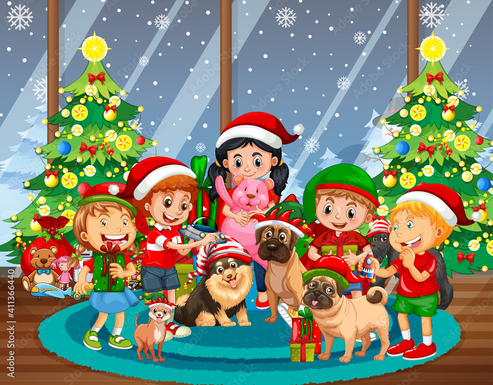 Christmas indoor scene with many children and cute dogs Christmas indoor scene with many children and cute dogs