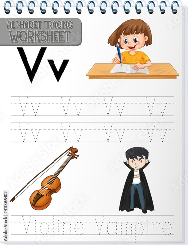 Alphabet tracing worksheet with letter V and v