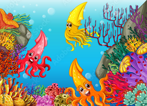 Many different squids cartoon character in the underwater background