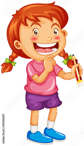 A girl holding a pencil cartoon character isolated on white background