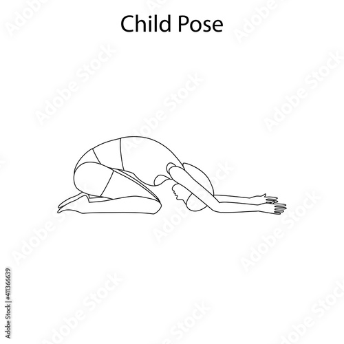 Child pose yoga workout outline. Healthy lifestyle vector illustration