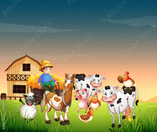 Farm scene with animal farm and blank sky