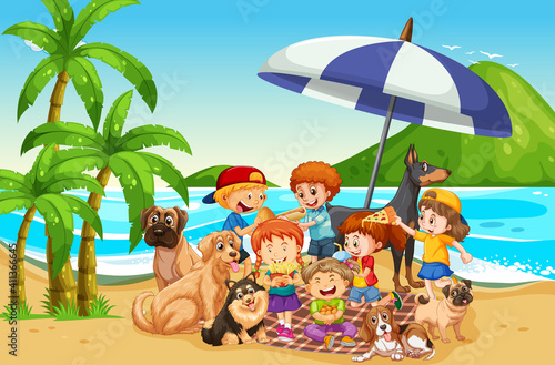 Beach outdoor scene with many children and their pet