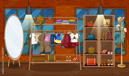 Clothes hanging on a clothes rack with accessories on shelves in the room scene
