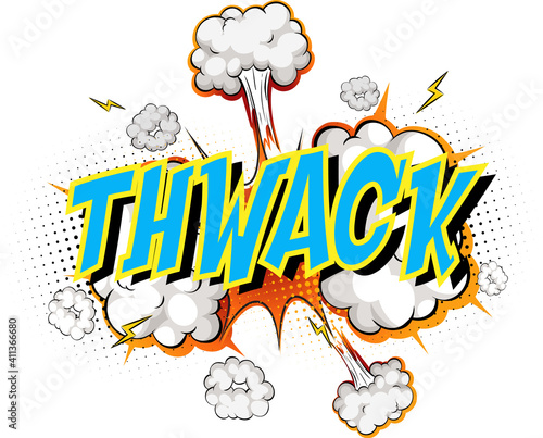 Word Thwack on comic cloud explosion background