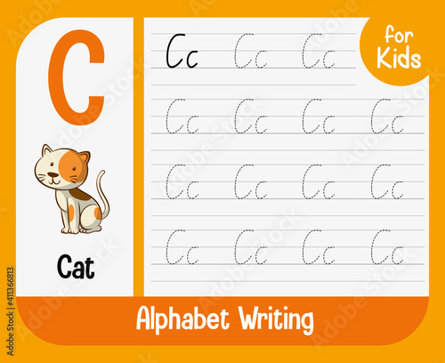 Alphabet tracing worksheet with letter and vocabulary