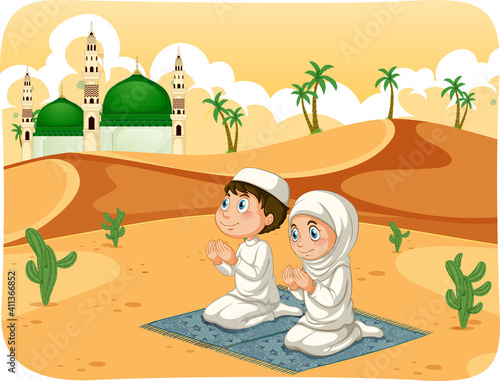Muslim sister and brother in praying position cartoon character