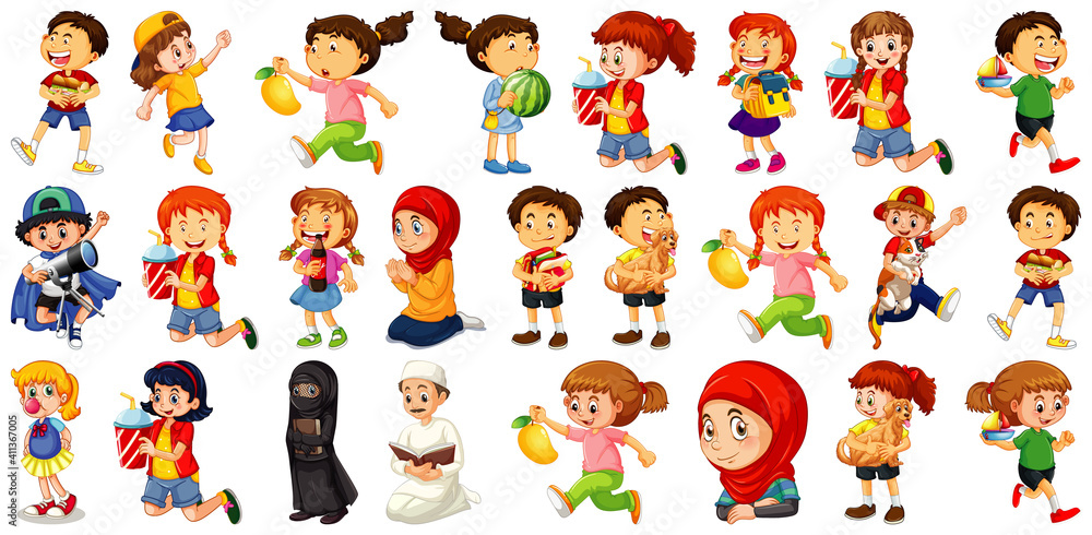 Children doing different activities cartoon character set on white background Children doing different activities cartoon character set on white background