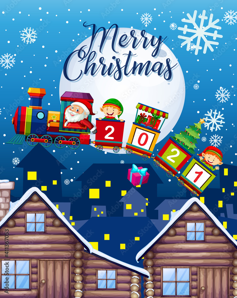 Merry Christmas font with Santa Claus and elf fly in the sky at night