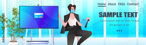 businesswoman wearing protective mask to prevent coronavirus successful business woman using tablet pc covid-19 pandemic concept portrait horizontal copy space vector illustration