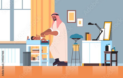 arab father changing diaper to his little son fatherhood parenting concept dad spending time with his baby at home living room interior full length horizontal vector illustration