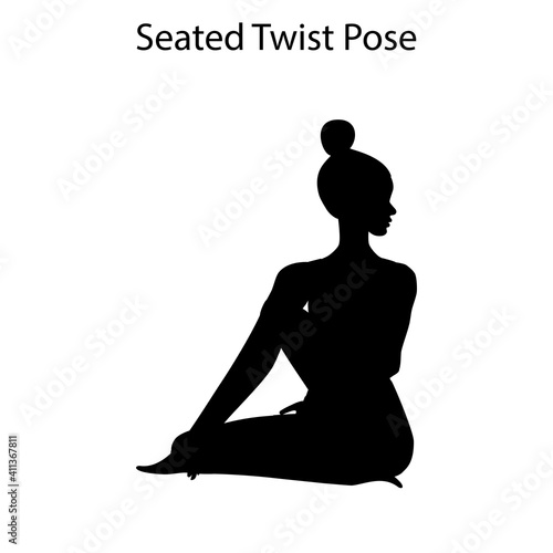Seated twist pose yoga workout silhouette. Healthy lifestyle vector illustration