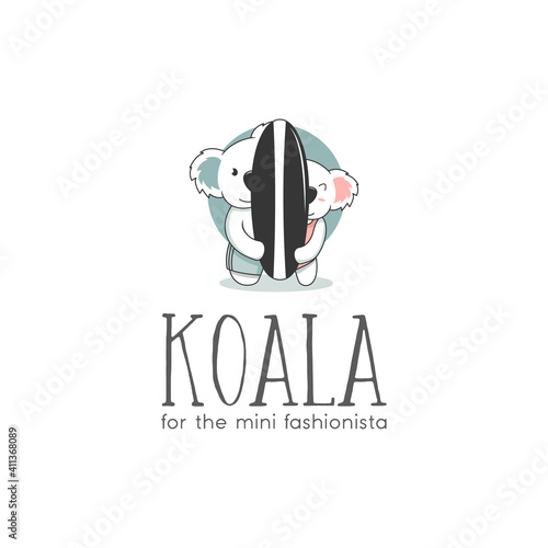 Photography Koala Logo cute and simple design,cute koala playing surfing