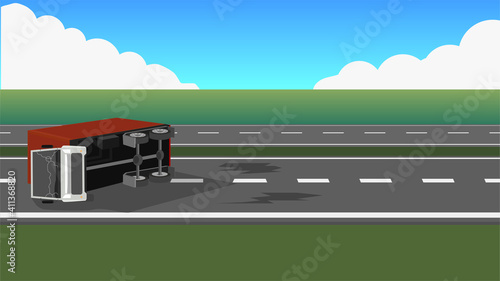 A container truck accident flipped across road traffic. Dangerous illustrations on the road.