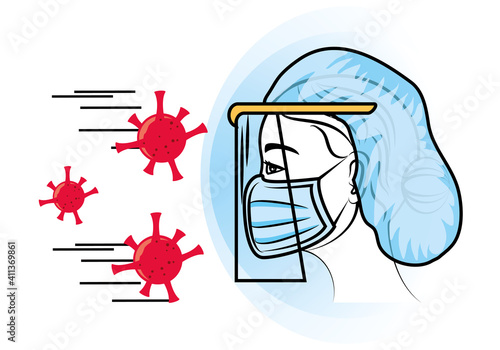 Female frontline health worker wearing protection face mask against virus