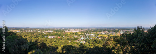 Panorama landscape of city town with clear blue sky at Nan Province, Thailand, Asia.