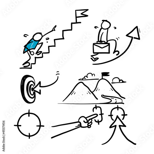 Simple Set of hand drawn Target and Goal Related Vector Line Icons in doodle