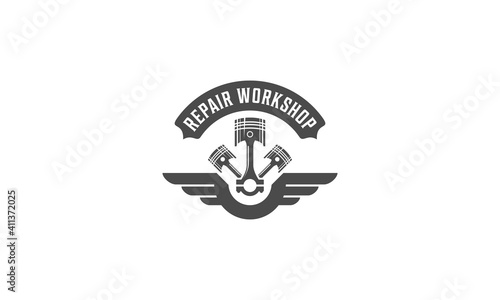 The logo of Monochrome car repair services and motorized vehicles is arranged with mechanical devices and equipment in isolated vector illustrations.