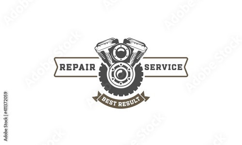 The logo of Monochrome car repair services and motorized vehicles is arranged with mechanical devices and equipment in isolated vector illustrations.