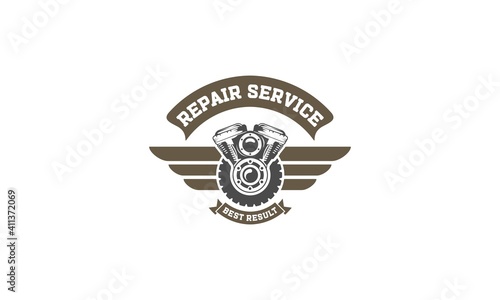 The logo of Monochrome car repair services and motorized vehicles is arranged with mechanical devices and equipment in isolated vector illustrations.