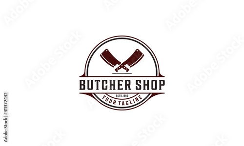 Vintage Hipster Meat Butcher shop label logo design in white background