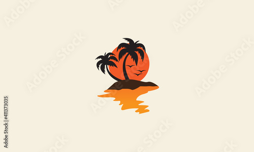 beach sunset with coconut tree and flying bird logo vector icon symbol graphic design illustration