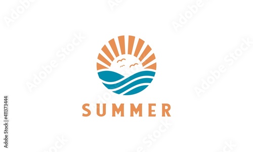 summer beach coast island, sea ocean with birds and summer sun rays logo design inspiration.