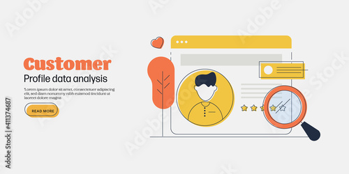 Customer profile - personal data, financial information, know your customer, user rating and credit score concept. Line art vector illustration.