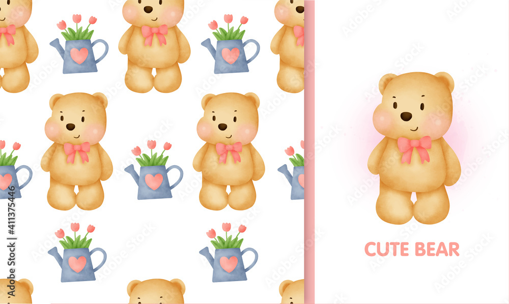 Cute cartoon teddy bear seamless pattern watercolor hand draw and greeting card for baby shower card.