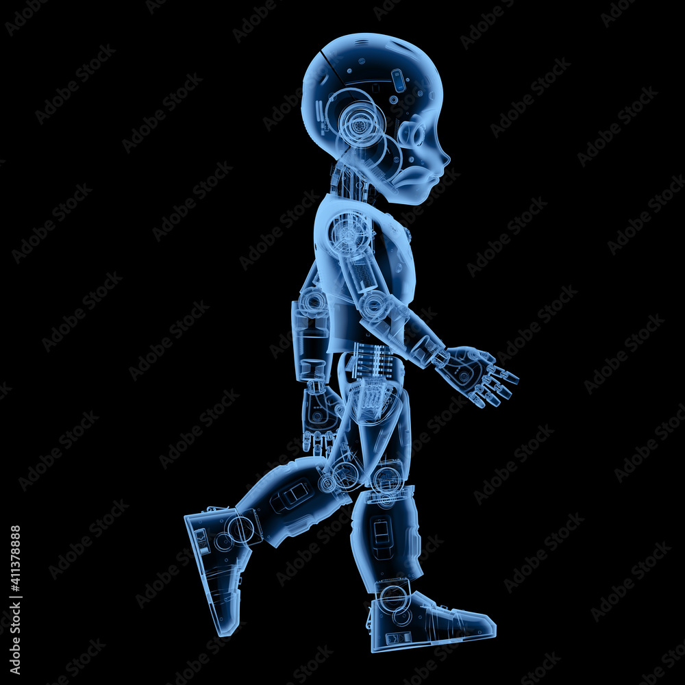 X-ray cute robot with cartoon character walk X-ray cute robot with cartoon character walk