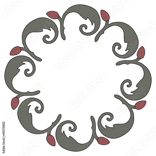 Round floral frame with leaf scrolls. 