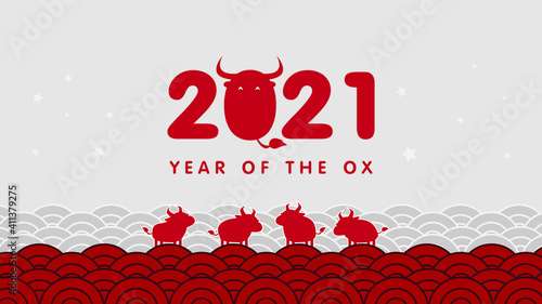 2021 Year of the ox background with asian style wave pattern