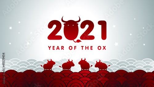 2021 Year of the ox background with asian style wave pattern