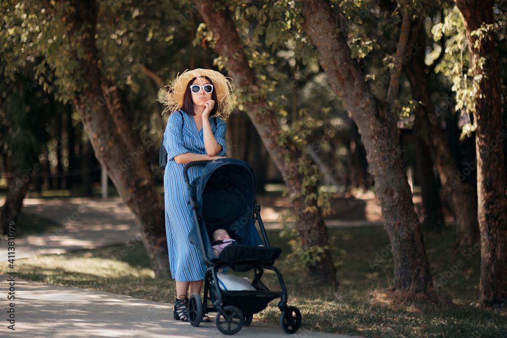 Stressed Travel Mom Walking Newborn in Baby Stroller Stressed Travel Mom Walking Newborn in Baby Stroller