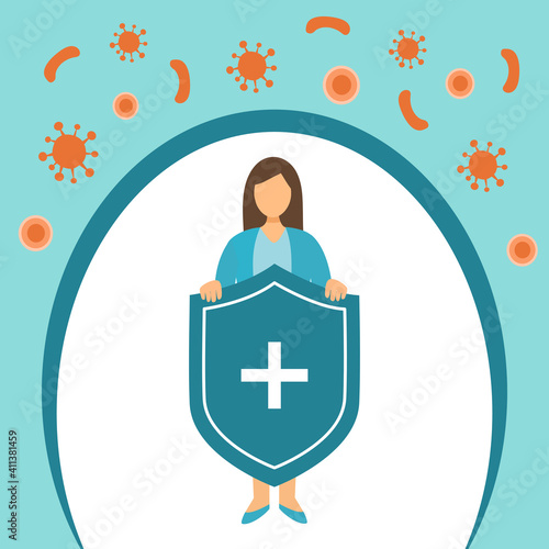 Woman holding immune system logo to prevent germs, bacteria and virus in flat design. Medical health protection for human body.