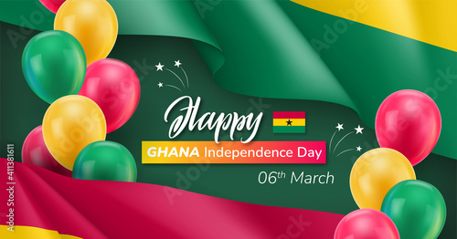 Ghana Independence Day festive banner. Happy 6th of March invitation card, poster, background in national flag colors, inflatable balloons and celebration text realistic vector illustration