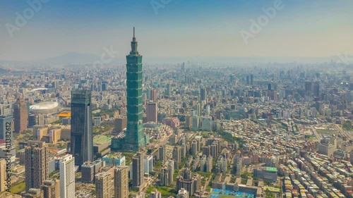 flight over taipei city downtown sunny day aerial panorama 4k timelapse taiwan photo