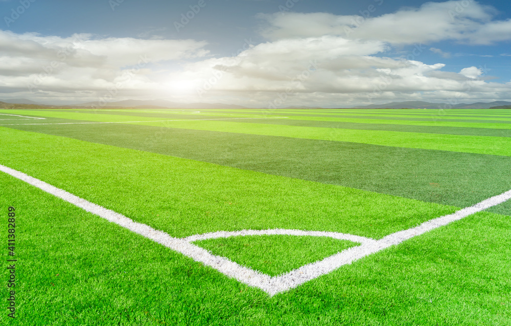 Obraz premium Football pitch and a cloudy sky. Green field.