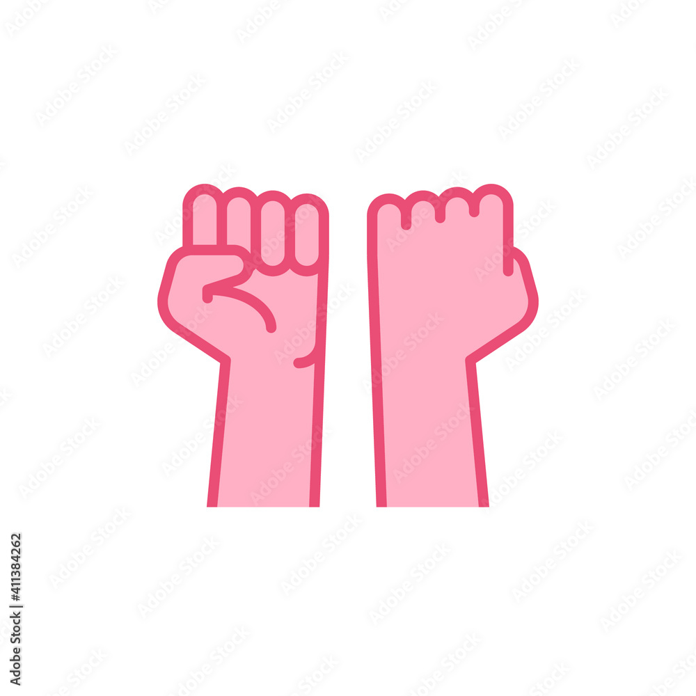 Obraz premium Fist raised up, strong arm flat icon. Filled outline style sign for web and app. Fist hand up gesture vector illustration on white background. Power, solidarity and freedom concept. Isolated EPS 10