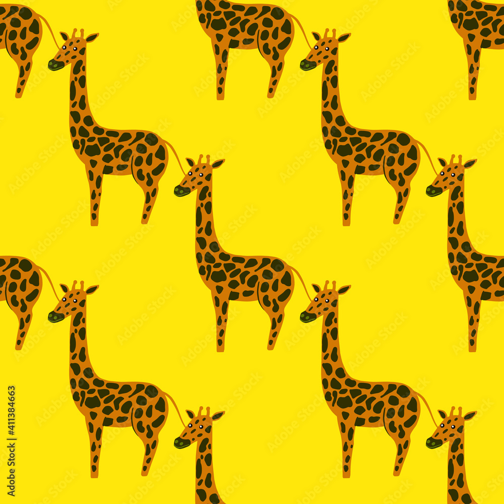 Obraz premium Bright seamless pattern with orange and black colored giraffe ornament. Yellow background.