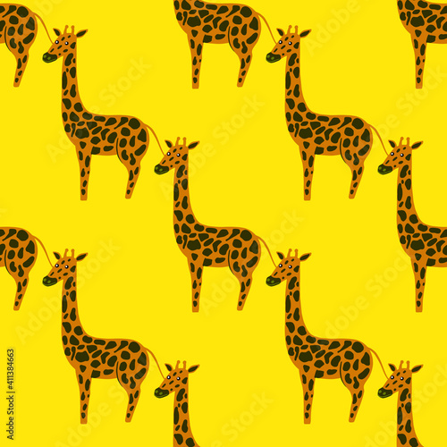 Bright seamless pattern with orange and black colored giraffe ornament. Yellow background.