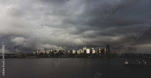 Dark clouds in the sky over the Puget Sound water and the city of Seattle in Washington state.  © Mat Hayward