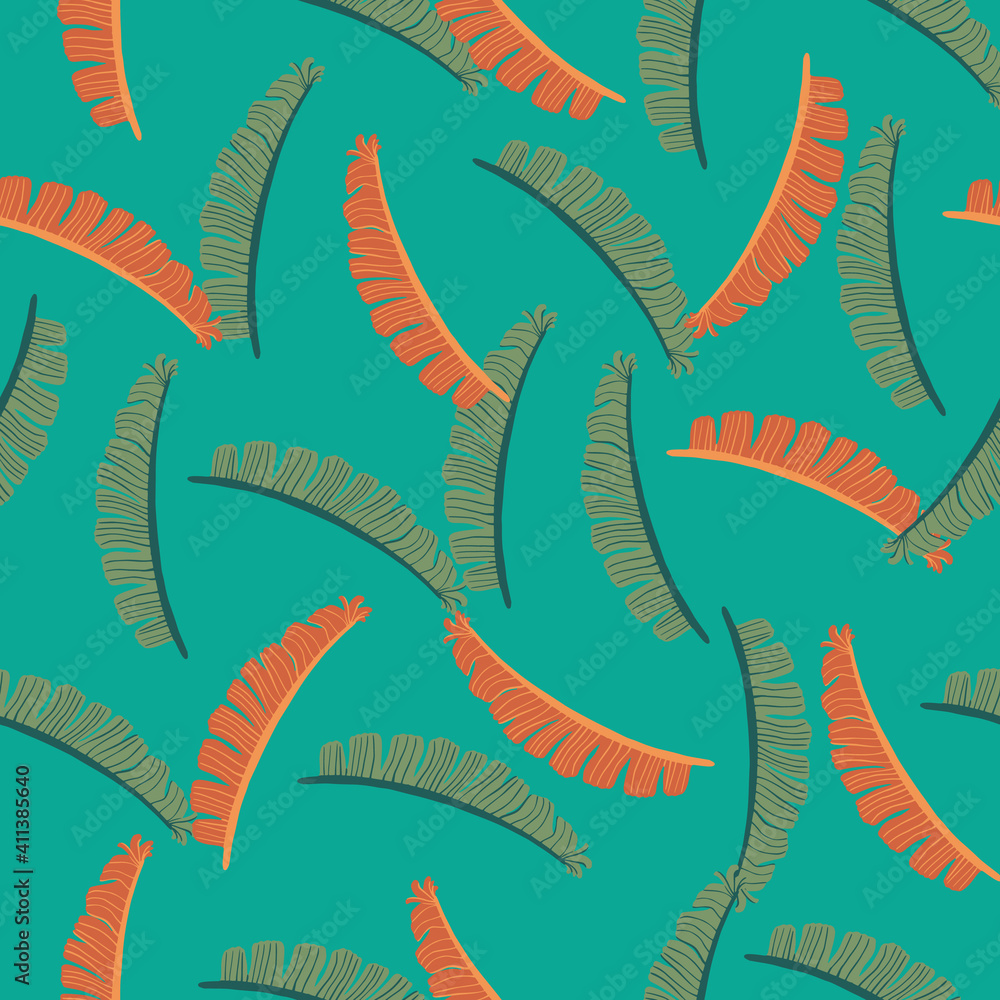 Fototapeta premium Bright seamless pattern with simple hand drawn botanic fern leaf print. Bright blue background. Nature backdrop.