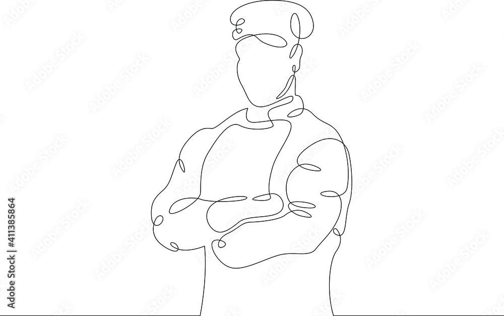 Chef in uniform and chefs hat. Portrait of a male chef cook character. One continuous drawing line  logo single hand drawn art doodle isolated minimal illustration.