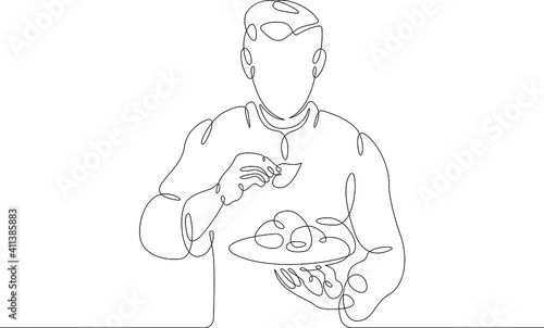 The cook holds in his hand a plate with a ready made delicacy dish. Decorate the dish with lettuce leaves. One continuous drawing line  logo single hand drawn art doodle isolated minimal illustration.