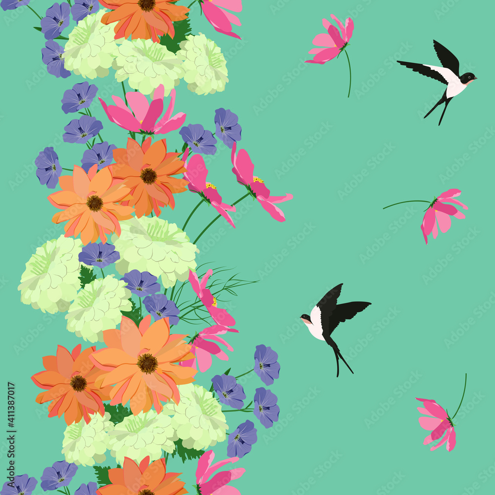 Seamless vector illustration with pink kosmea, chrysanthemums, flax and swallow in a turquoise background.