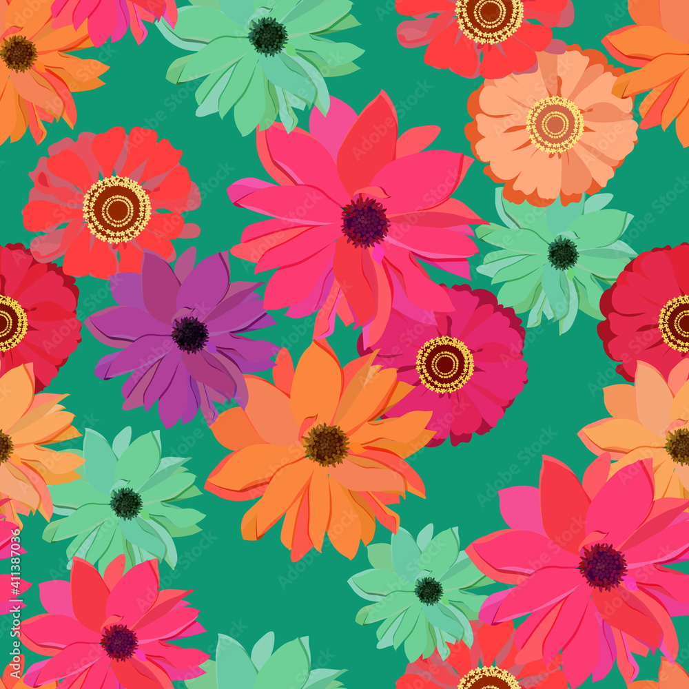 Seamless vector illustration with bright dahlia in a turquoise background.